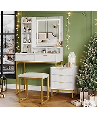 gaomon Makeup Vanity Desk with Led Mirror, 5 Drawers, Removable Cabinet & Cushioned Stool