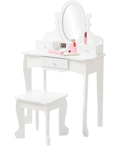 gaomon Kids Vanity Table and Chair Set with Oval Mirror, Drawer & Stool, Wooden Pretend Play Set.