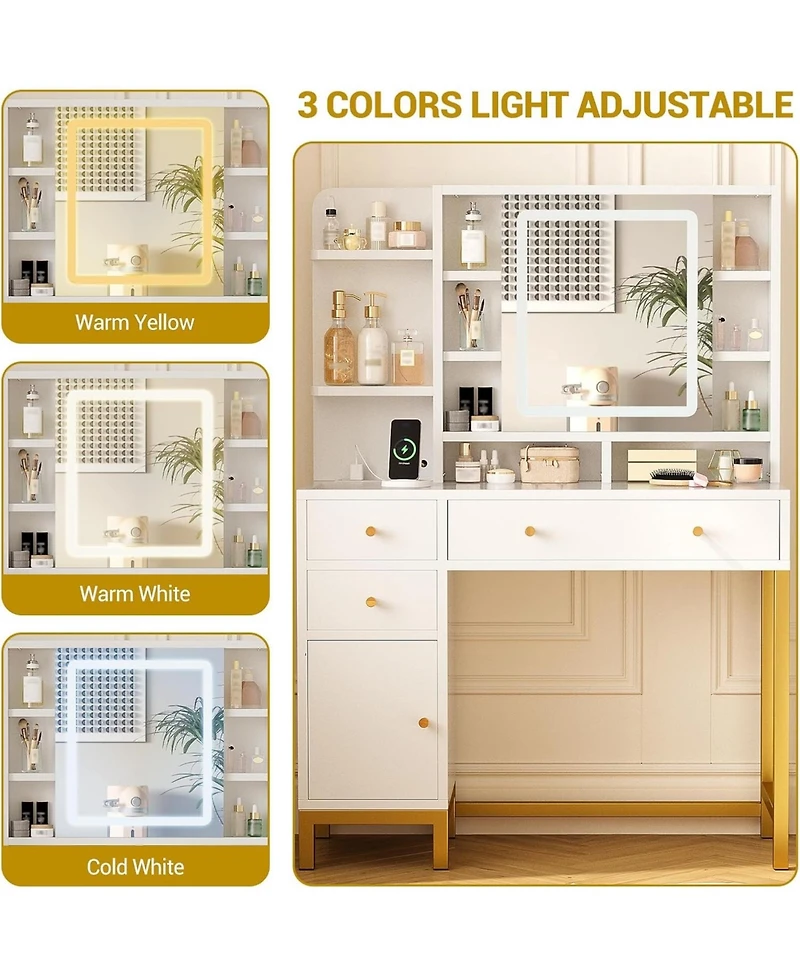 gaomon Makeup Vanity with Led Mirror & Charging Station, Acrylic Top, 3 Drawers, Shelves & Cabinet