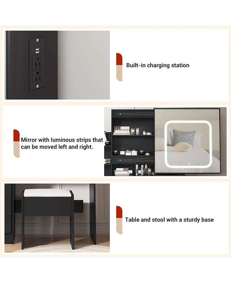 gaomon Makeup Vanity Desk with Sliding Led Mirror, Power Outlet, 4 Drawers, Shelves & Cushioned Stool