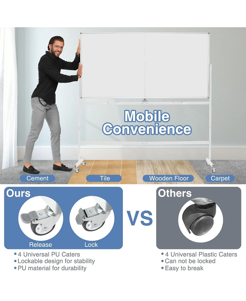 Sugift Rolling Double-Sided Magnetic Whiteboard on Wheels with Stand and Aluminum Alloy Frame