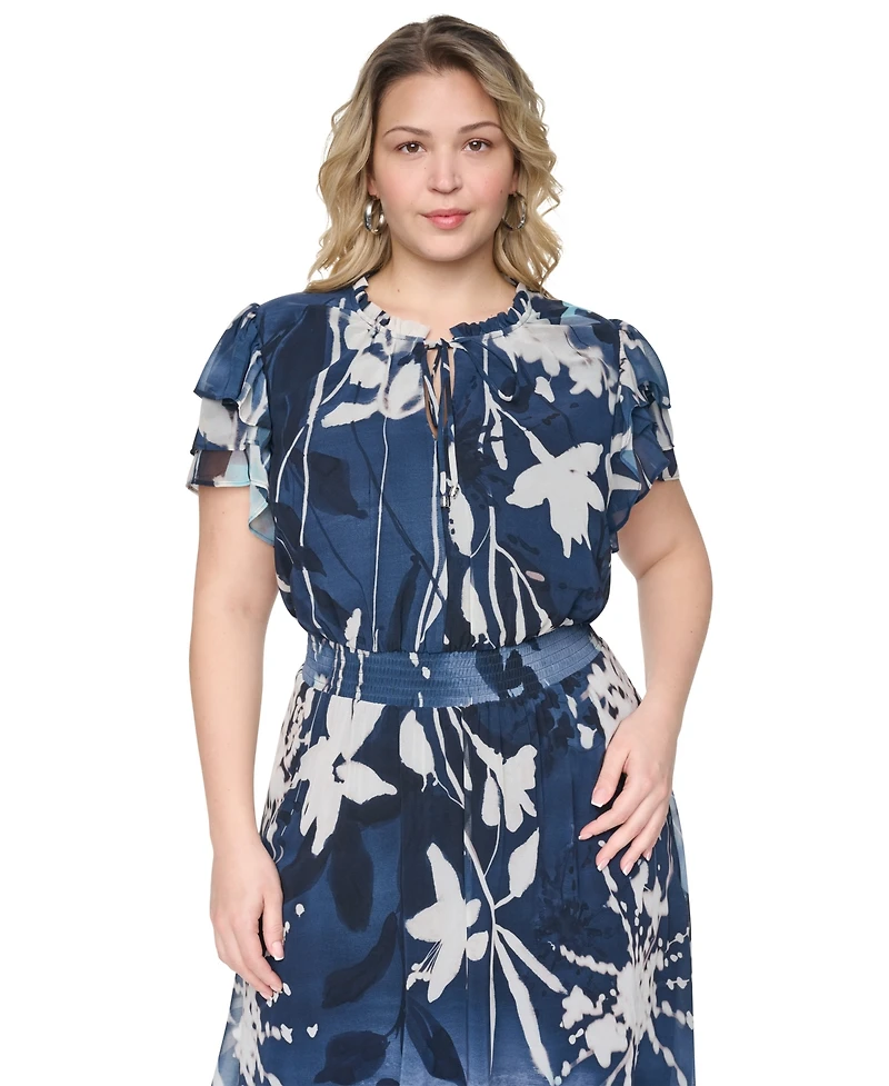 Dkny Plus Tie Neck Flutter-Sleeve Dress