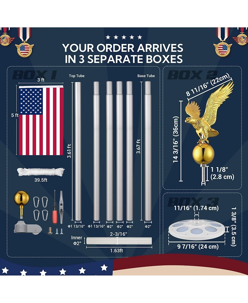 Yescom Bravery 20ft 13 Gauge Sectional Flag Pole Kit with Solar Powered Light Us Flag Gold Eagle Topper