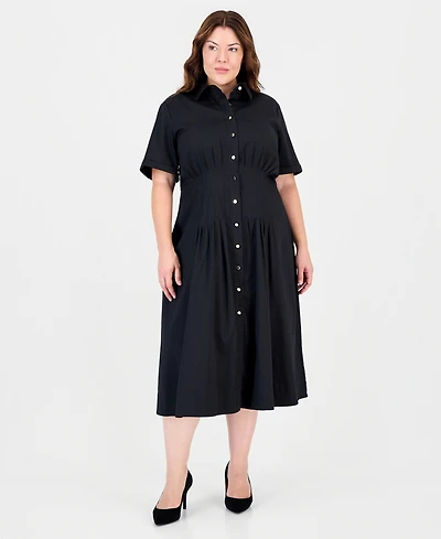 Anne Klein Plus Fit & Flare Pleated Waist Midi Shirt Dress