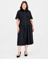 Anne Klein Plus Fit & Flare Pleated Waist Midi Shirt Dress