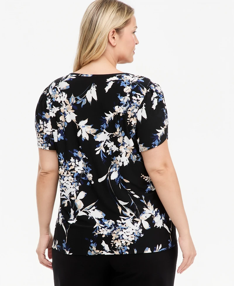 Anne Klein Essentials Plus Tuli Floral Tulip-Sleeve T-Shirt