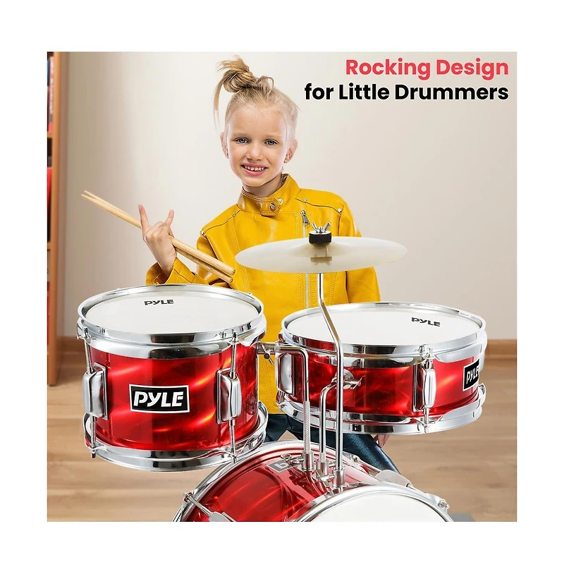 Pyle 3-Piece Kids Drum Set - 13" Metallic Red Junior Drum Kit with Throne, Cymbal, Bass Pedal, Tom & Drumsticks