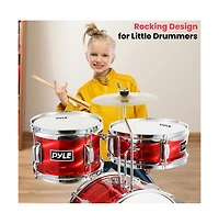 Pyle 3-Piece Kids Drum Set - 13" Metallic Red Junior Drum Kit with Throne, Cymbal, Bass Pedal, Tom & Drumsticks