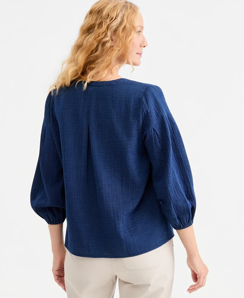 Style & Co Women's Embroidered Indigo Gauze Top, Macy's Exclusive