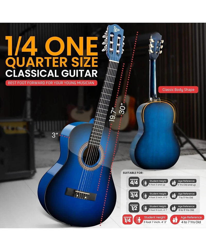 Pyle Classical Guitar Starter Kit, 30" 1/4 Size All-Wood Guitar with Capo, Gig Bag, Strings, Strap & Picks