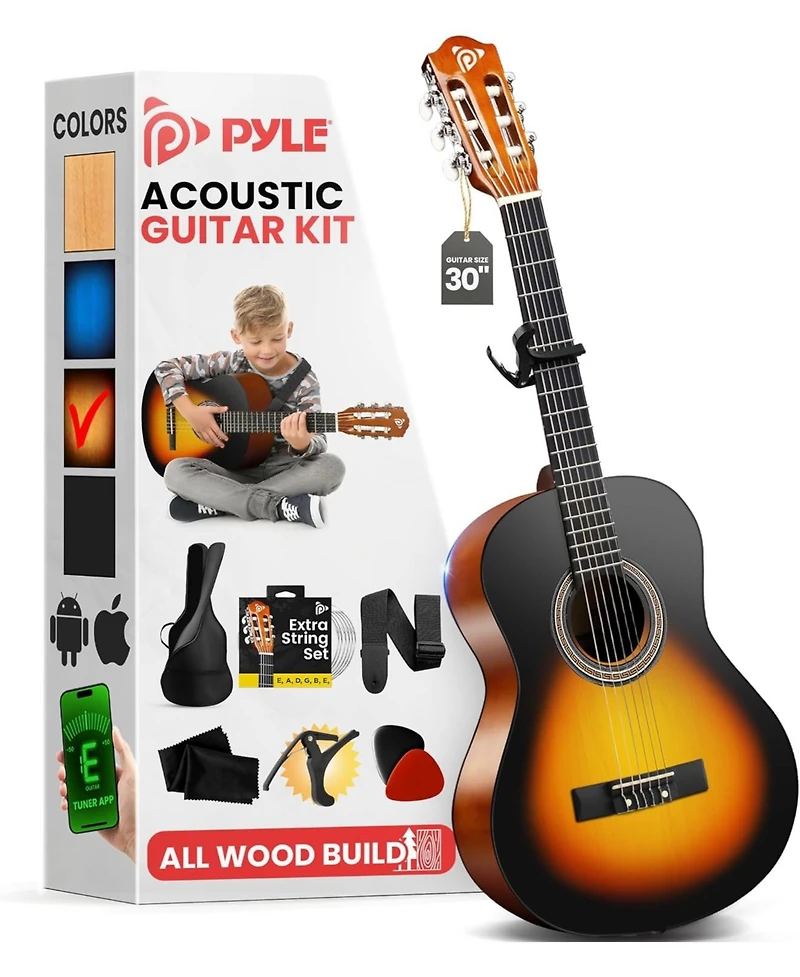 Pyle Beginner Acoustic Guitar Kit, 30" 1/4 Junior Size All-Wood Nylon String Guitar with Capo, Gig Bag, Strap & Strings
