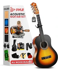 Pyle Beginner Acoustic Guitar Kit, 30" 1/4 Junior Size All-Wood Nylon String Guitar with Capo, Gig Bag, Strap & Strings