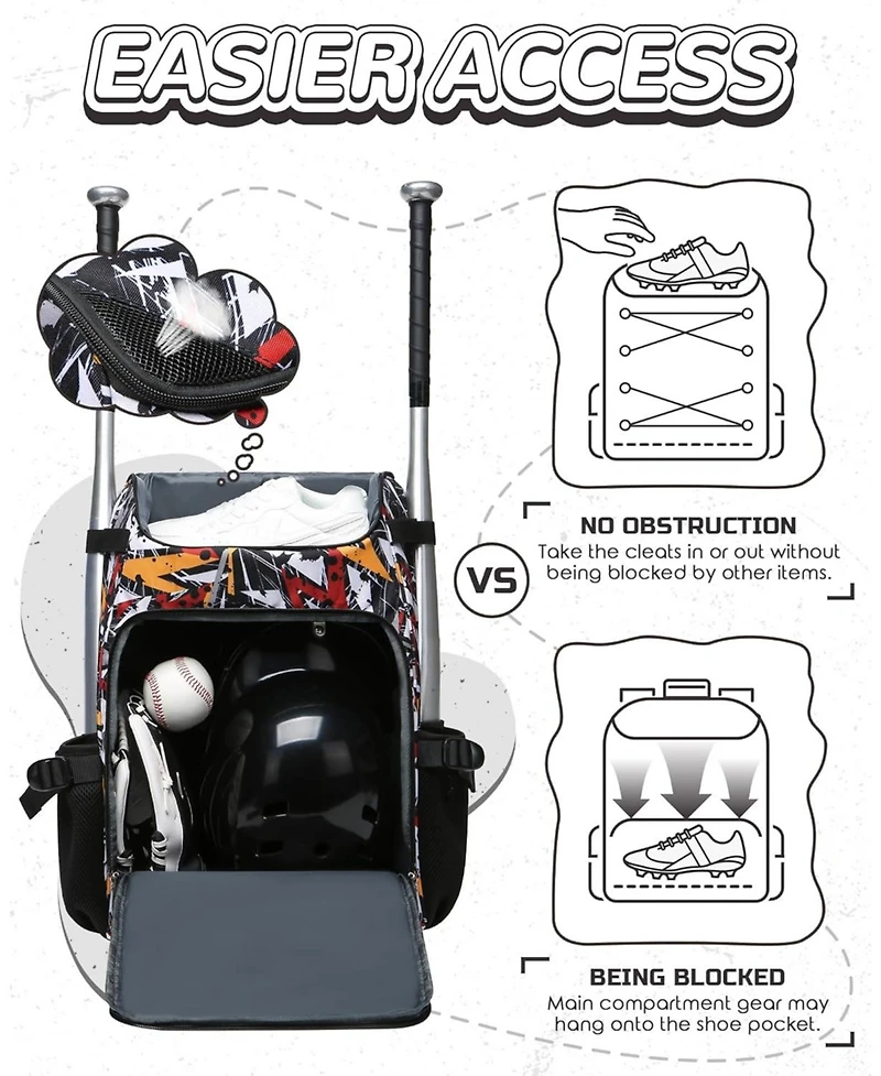 Furlihong Geometric Pattern Youth Baseball and Softball Gear Backpack - For Ages 8-14, Large Bat Bag with Ventilated Shoe Compartment for Players