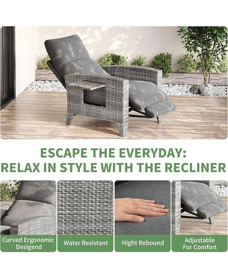 gaomon Outdoor Reclining Patio Chair with Adjustable Backrest & Footrest, All Weather Wicker Chaise Lounge with Air Pump, 150degree(s) Lay Flat Design