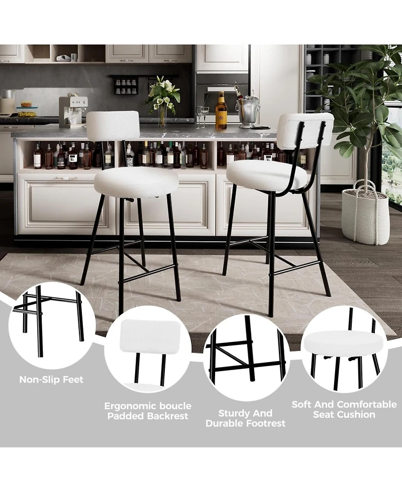 homfan Set of 2 Modern Upholstered Bar Stools, Curved Back with Round Padded Seat and Footrest for Kitchen Island, Dining Room, Cafe and Pub