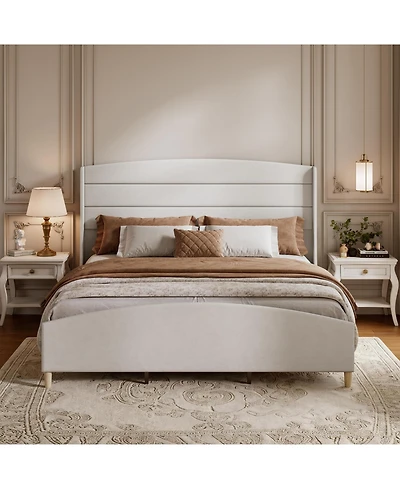 Gaomon Bed Frame, Soft Linen Upholstered Platform Bed with Wingback Headboard/Raised Footboard, Sturdy Wood Legs/Slats, Noise-Free