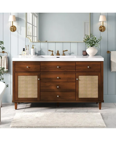 Sillysis 60 Inch Modern Bathroom Vanity with Sink, Brown Solid Wood Mdf Cabinet, Rattan Doors, Soft Close Drawers, Pine Legs