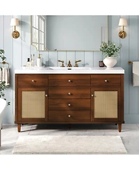 Sillysis 60 Inch Modern Bathroom Vanity with Sink, Brown Solid Wood Mdf Cabinet, Rattan Doors, Soft Close Drawers, Pine Legs