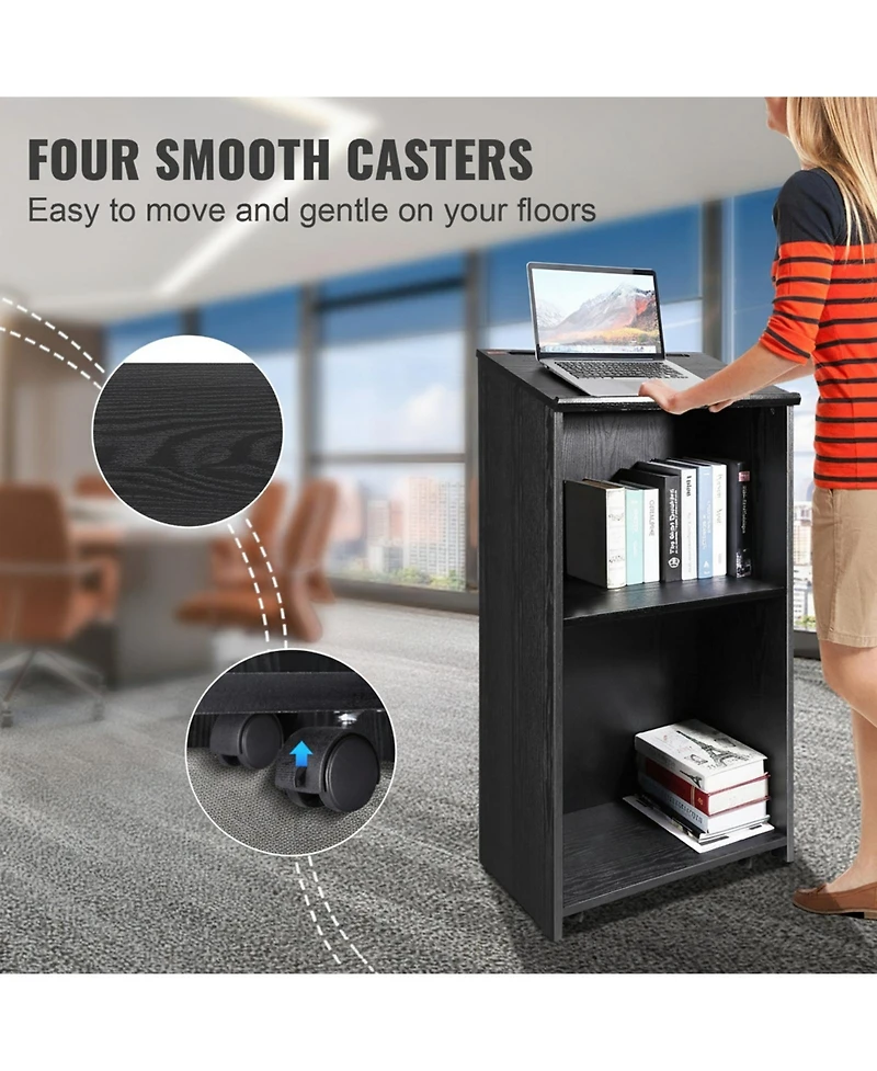 Gouun Podium Stand with Rolling Wheels and Storage Shelves