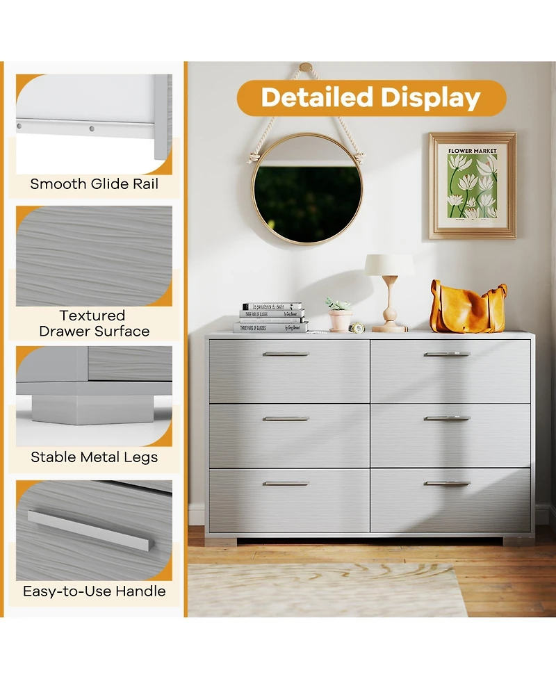 Gouun 6-Drawer Storage Cabinet with Metal Legs and Anti-Toppling Devices, 47 x 18 x 30.5