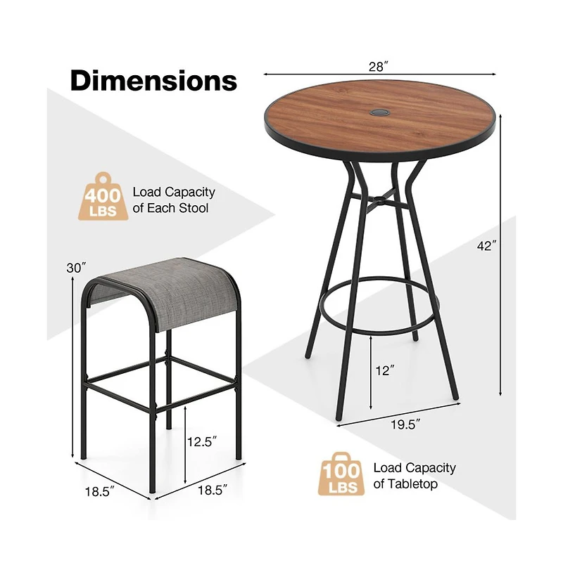 Boyel Living 3 Pieces Outdoor Round Bar Table Set with 1.6 Inches Umbrella Hole