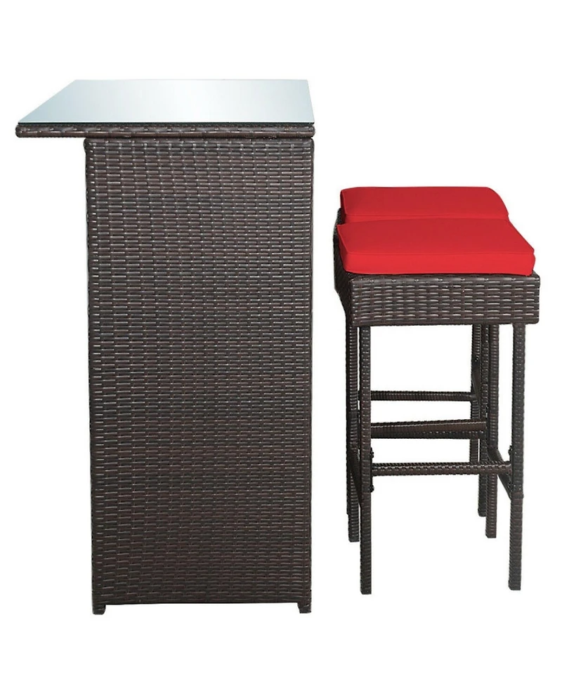 Gouun 3-Piece Patio Rattan Wicker Bar Set with Cushioned Stools and Glass Top