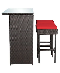 Gouun 3-Piece Patio Rattan Wicker Bar Set with Cushioned Stools and Glass Top