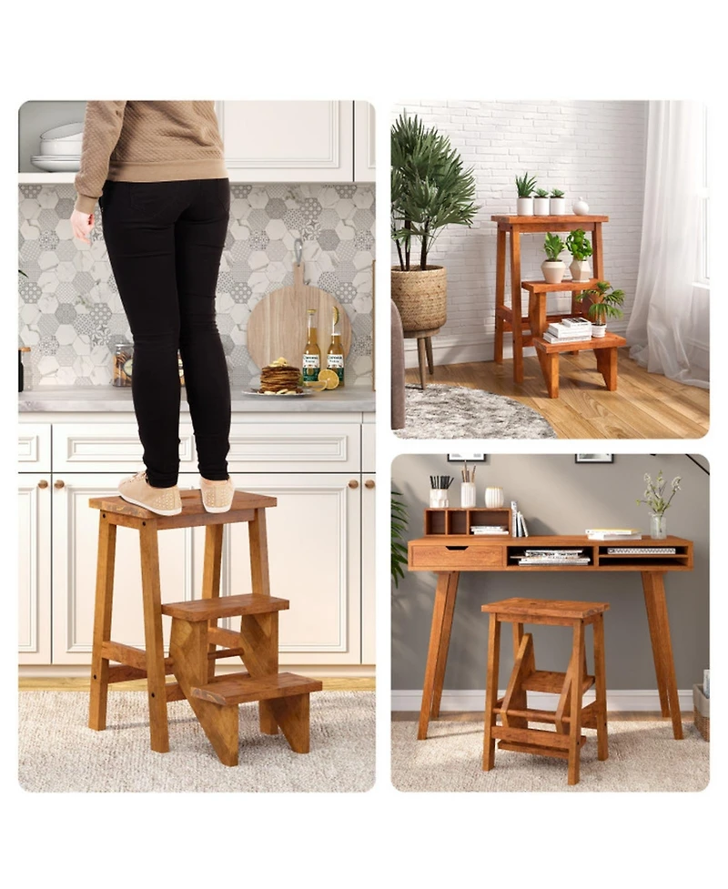 Gouun 3-in-1 Rubber Wood Step Stool and Ladder with Handle, 200 lbs Capacity per Step