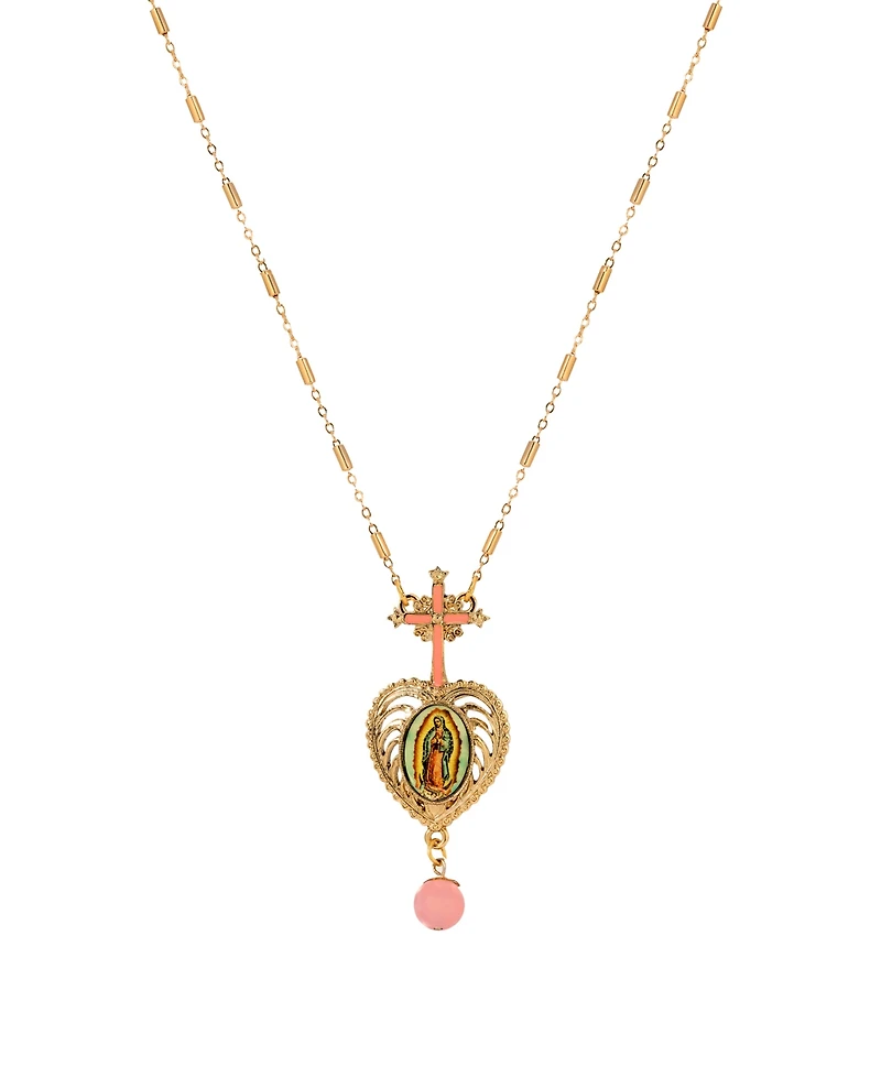 Symbols of Faith Gold-Tone Cross Pink Heart Guadalupe Decal Pendant Bead 28" Necklace