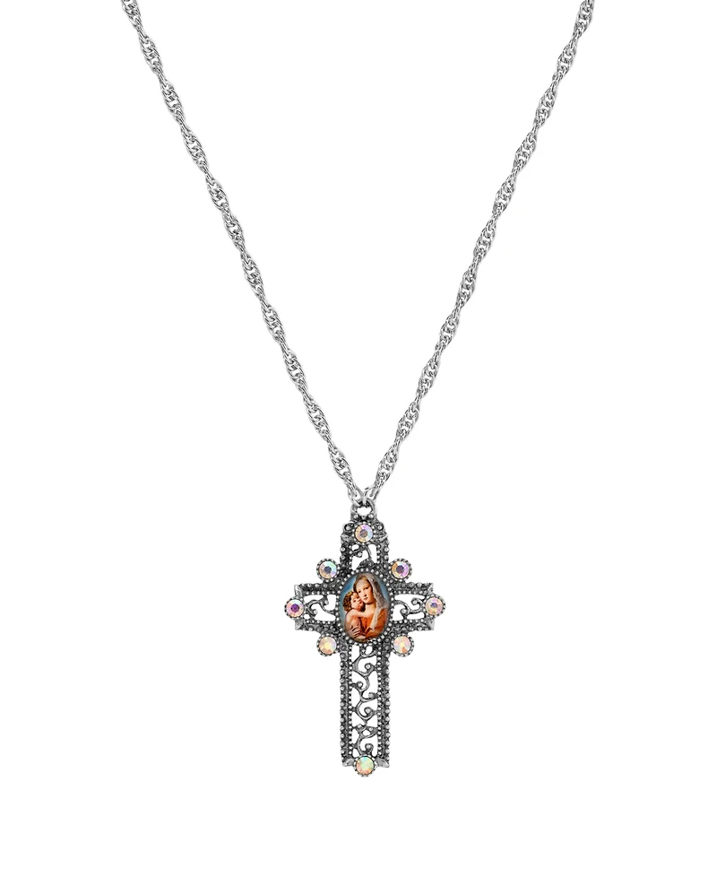 Symbols of Faith Silver-Tone/Pewter Mary Child Decal Ab Crystal Cross 28" Necklace