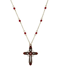 Symbols of Faith Gold-Tone Cross Center Flower Clear Crystals Siam Bead Chain 16"+3" Necklace