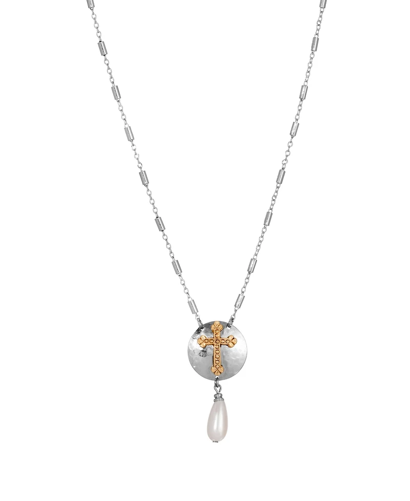 Symbols of Faith Silver Shield and Cross Pearl Drop 16" + 3" Necklace