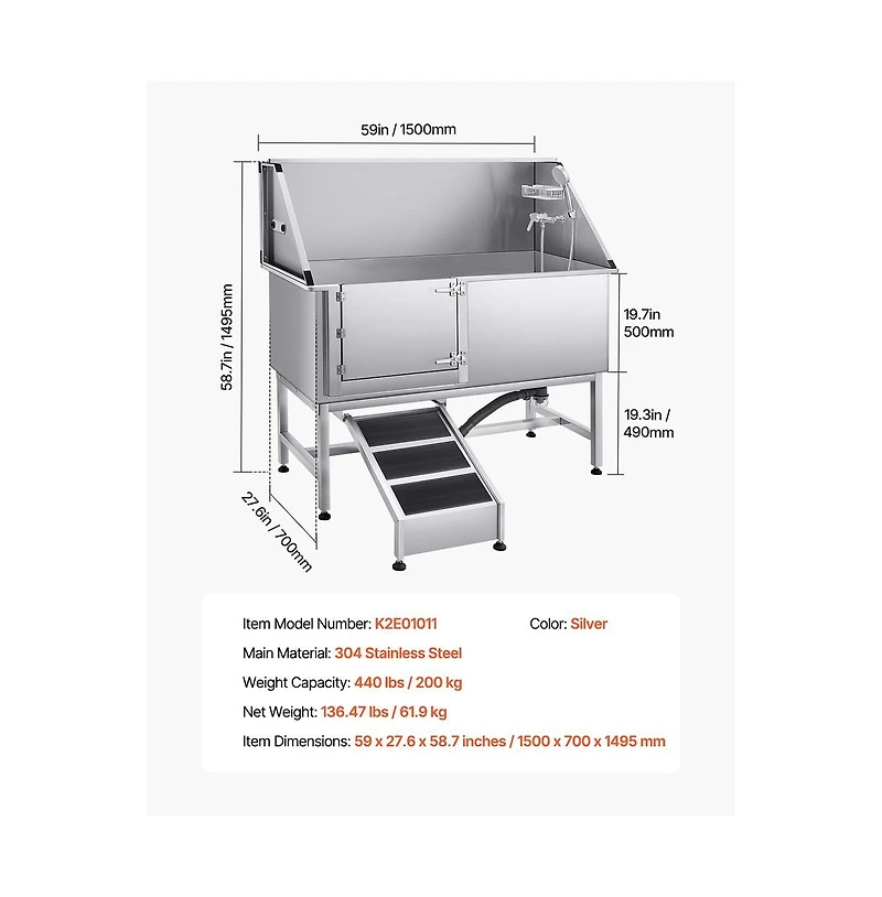 Ruie 62 inch Stainless Steel Dog Washing Station with Walk Up Ramp Filter Board