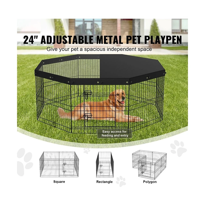 Ruie 8 Panel Foldable Metal Dog Playpen with Top Cover and Ground Stakes 24 in H