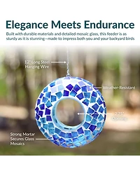 Outdoor Garden Patio Round Glass with Mosaic Design Hanging Fly-Through Bird Feeder