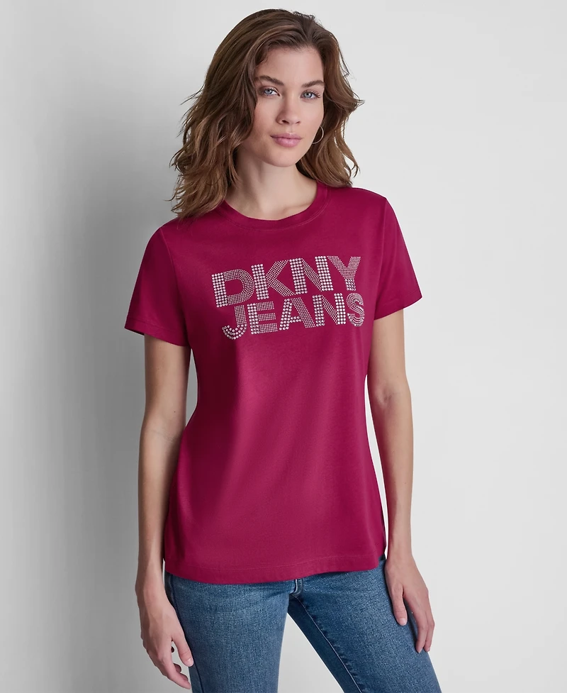 Dkny Jeans Women's Stacked Rhinestone Dome Stud Logo Crewneck T-Shirt