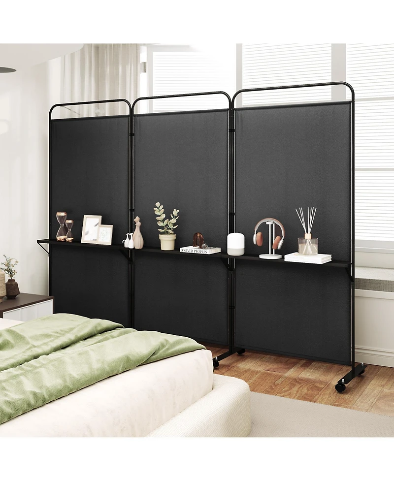sumyeg 3-Panel Folding Room Divider with Metal Shelves and Lockable Wheels