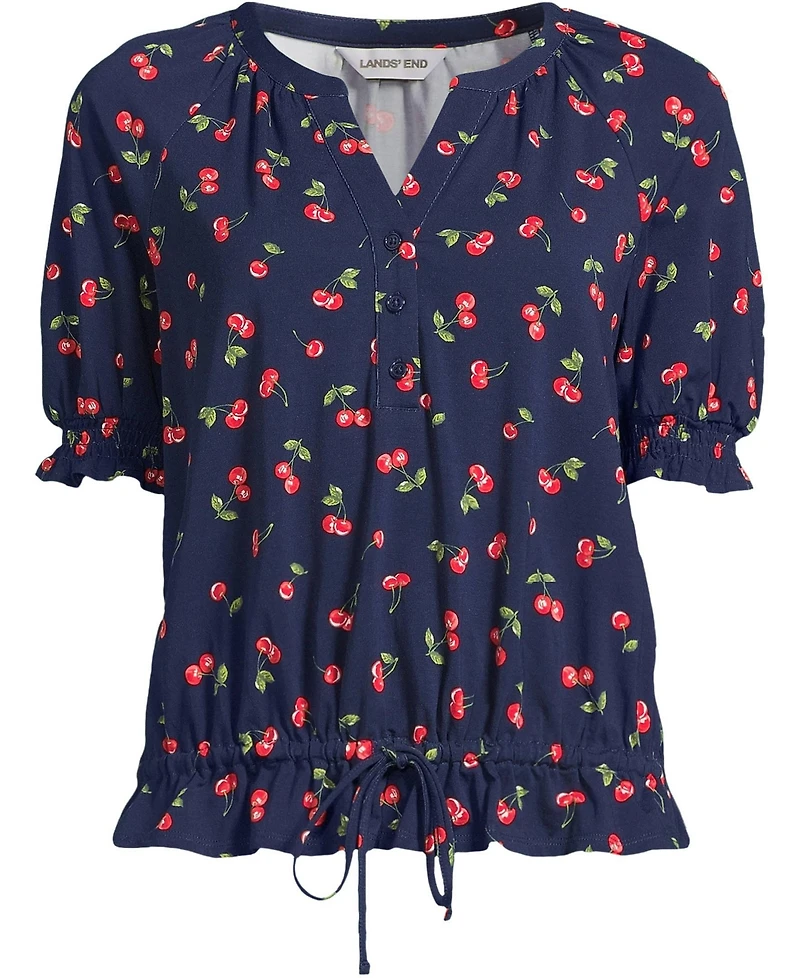 Lands' End Plus Elbow Sleeve Lightweight Jersey Gathered Adjustable Hem Blouse