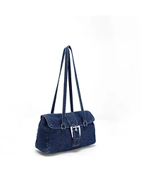 Susu Denva Denim Baguette Shoulder Bag for Women East West Handbag Buckle Detail Casual Chic Everyday Purse