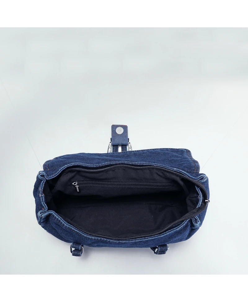 Susu Denva Denim Baguette Shoulder Bag for Women East West Handbag Buckle Detail Casual Chic Everyday Purse