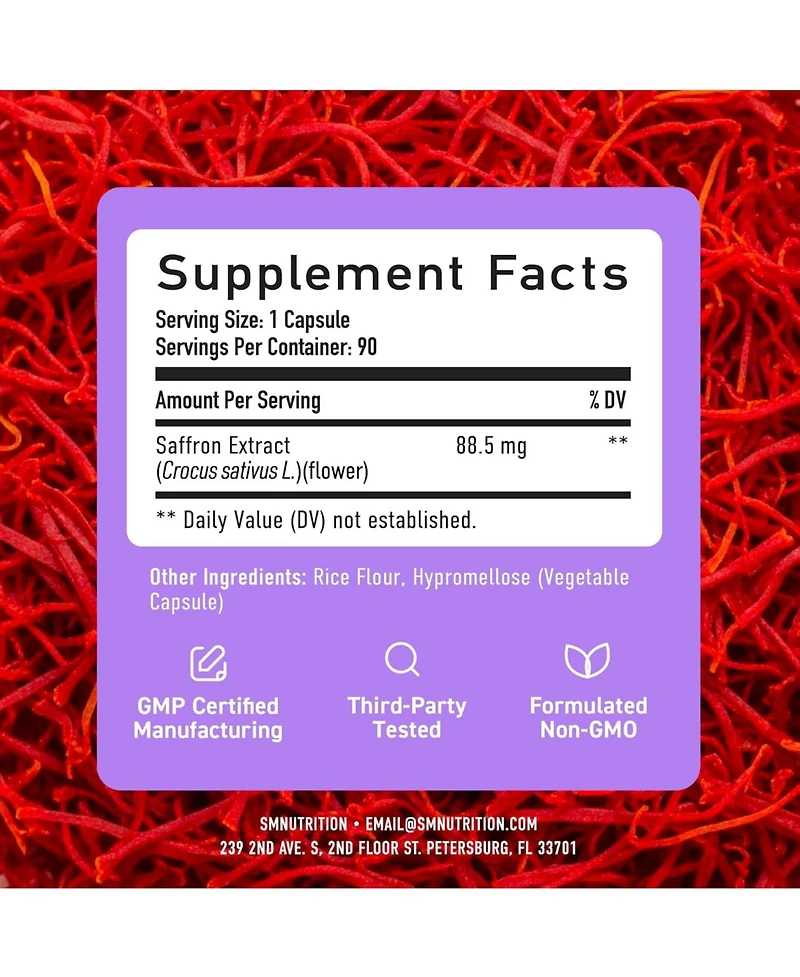 SMNutrition Saffron Capsules, 90 Count