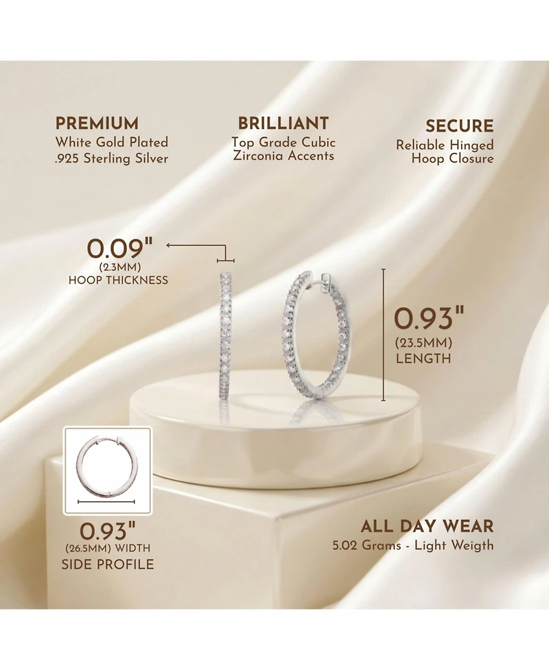 Sterling Silver White Gold and 14K Gold Plated Cubic Zirconia Hoop Earrings