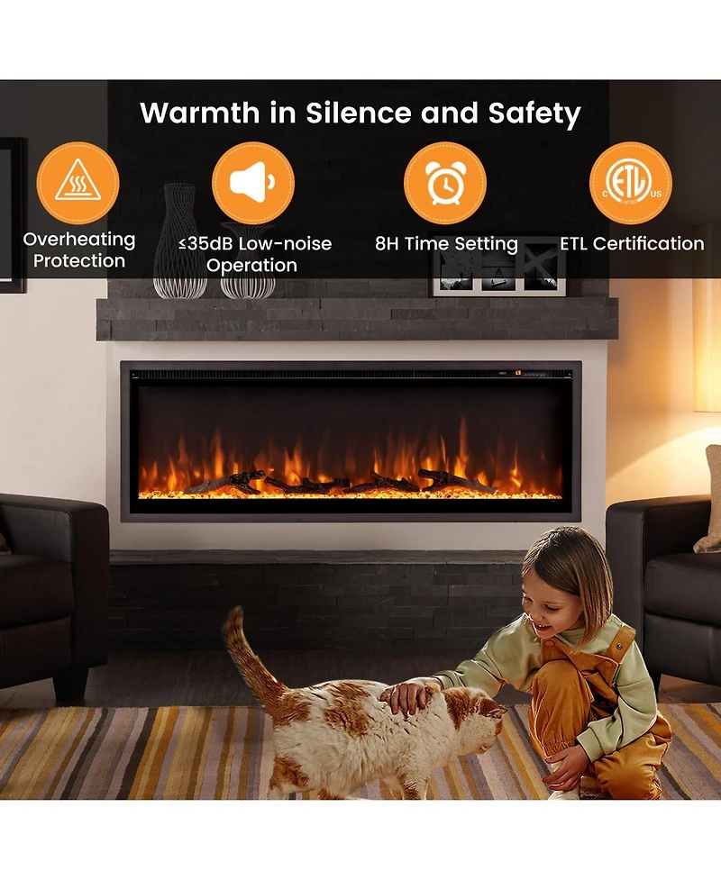 Sugift 50 Inches Electric Fireplace in-Wall Recessed with Remote Control and Adjustable Color and Brightness-50 inches