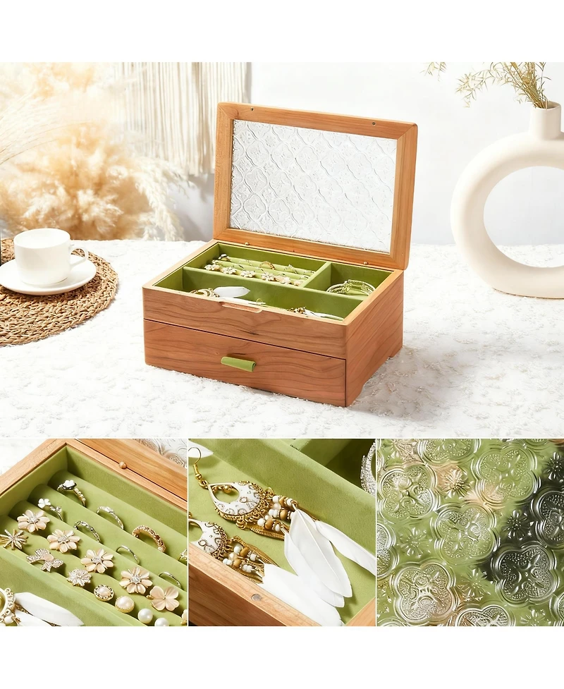 Yigii Solid Cherry Wood 2-Layer Jewelry Organizer with Glass Lid