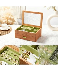Yigii Solid Cherry Wood 2-Layer Jewelry Organizer with Glass Lid