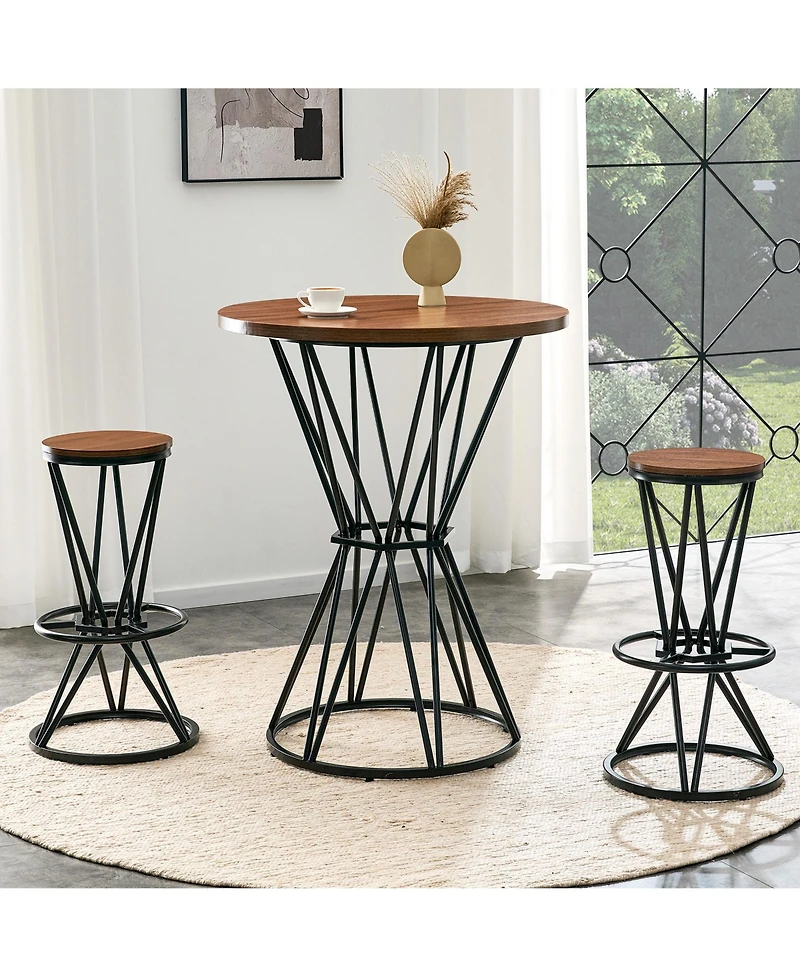 Rainsken Bar Table and Chair Set for 2 - 31.5" Wood Grain Mdf Tabletop with Black Metal Frame, Industrial Style Counter Combination