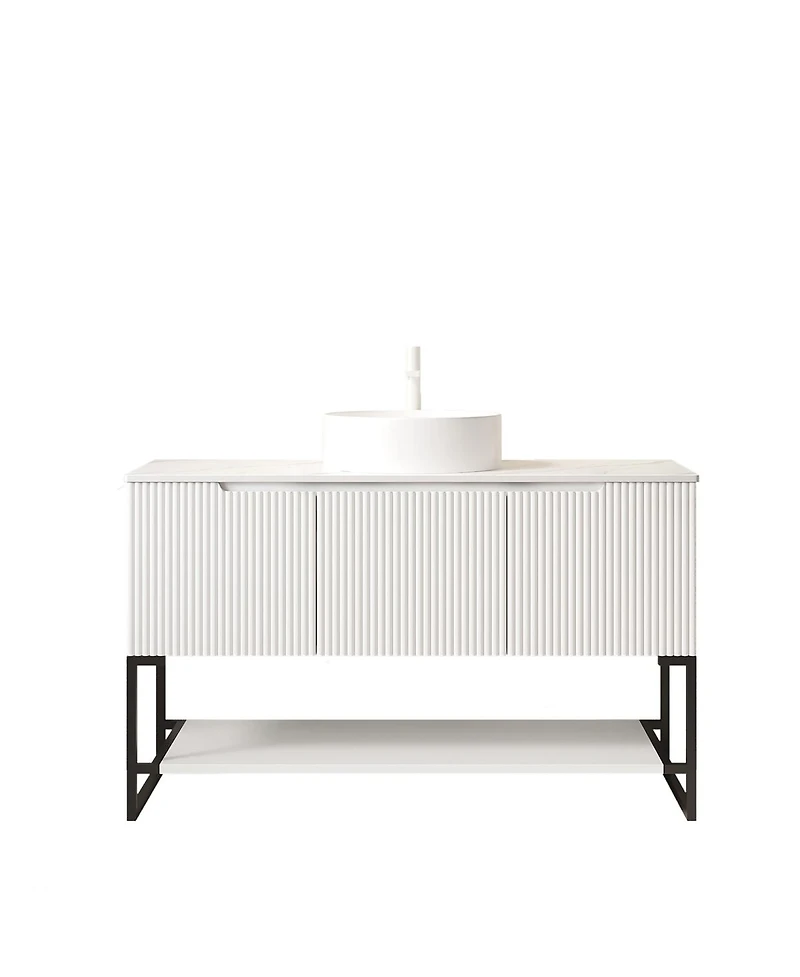 Sillysis 47.6 Inch Bathroom Vanity with Matte Round Ceramic Basin, Sintered Stone Countertop, Storage Cabinet and Open Shelf