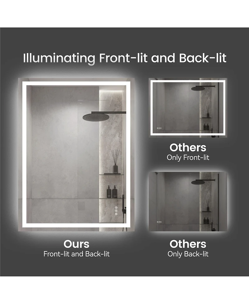 Rainsken 28"36" Led Bathroom Mirror, Anti-fog Vanity Mirror with Front-Lit and Back-Lit, Stepless Dimmable, Shatter-Proof Make Up Mirror