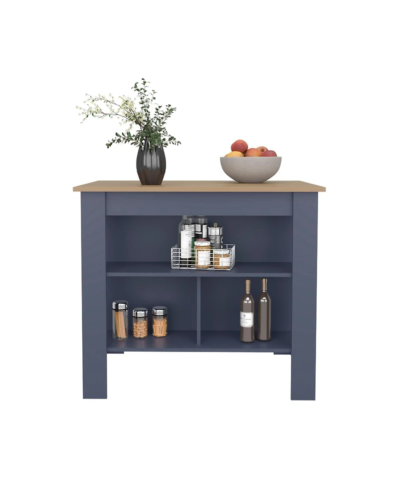 Fm Furniture Arlington isla de cocina, diseno moderno con estantes abiertos, almacenamiento multifuncional en kronos fresno y kronos azul