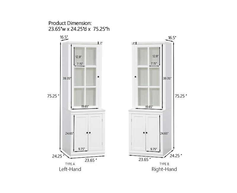 sumyeg 75.25" Tall Freestanding Pantry Cabinet with Glass Door & Lattice Window, Farmhouse Display Cabinets with Storage